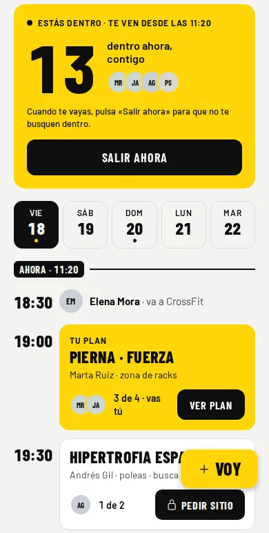 RackMates Today screen: black block with the number 13 in yellow, "inside now, with you", and the timeline of this evening's plans.