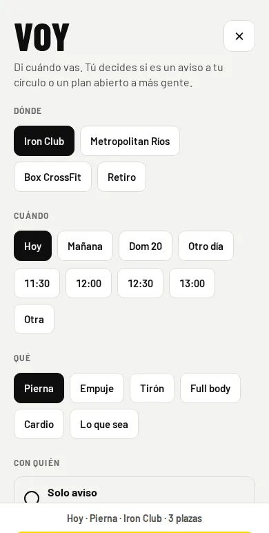 RackMates I'm going screen: place, day, time, training type and audience pickers, and the Publish plan button.
